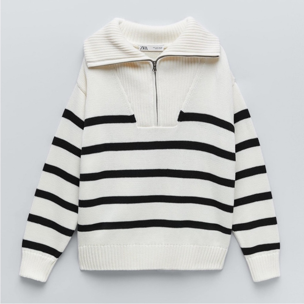 Zara Quarter Zip Striped oversize  Sweater Black and Whitish Taupe Size Medium - Picture 6 of 14